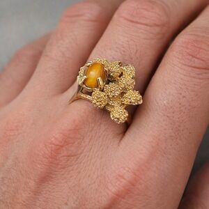 Vintage 14K Gold Tiger Eye Brutalist Statement Ring 1970s Modernist WR Maker 5g